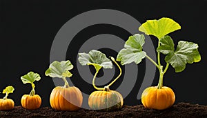Sequence of pumpkin plant growing isolated, evolution concept