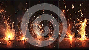 A sequence of still images capturing the progression of sparks from a small spark to a blazing inferno