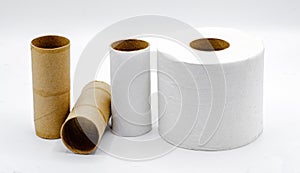 Sequence of toilet paper brown cardboard roll tube core from empty to full isolated on white background