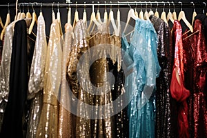 sequined costumes hanging on a clothing rack backstage
