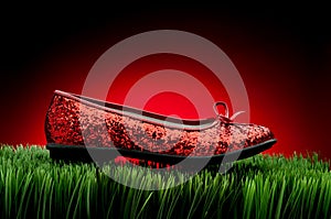 Sequined red slipper on green grass