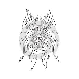 Seraph or Seraphim a Six-Winged Fiery Angel with Six Wings and Deer Antlers Tattoo Style Black and White