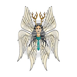 Seraph or Seraphim a Six-Winged Fiery Angel with Six Wings and Deer Antlers Tattoo Style Full Color
