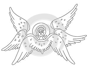 Seraph, six winged Angel. Religious symbol. Vector illustration. Line drawing outline. celestial character For design