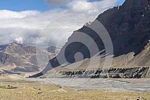 Serated mountain edges formed by flow or water and erosion near Kaza in Spiti Valley,Himachal Pradesh,India