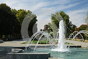 Serbia, Belgrad, Tasmajdan Park, Fountain and Saint Mark Church photo