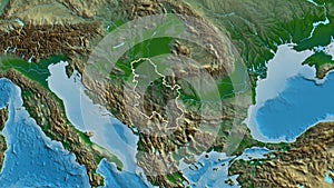 Serbia border shape overlay. Outlined. Physical.
