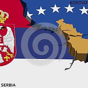 Serbia and Kosovo conflict. Country National flags on broken weathered cracked wall vector