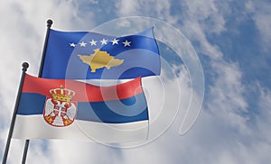 Serbia and Kosovo flags. Blue sky and flag Serbia and Kosovo, 3D work and 3D image