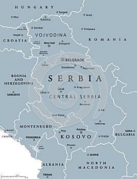 Serbia and Kosovo, landlocked countries in Southeast Europe, gray political map photo