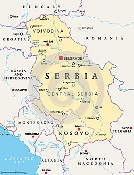 Serbia and Kosovo, landlocked countries in Southeast Europe, political map