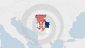 Serbia map highlighted in Serbia flag colors and pin of country capital Belgrade
