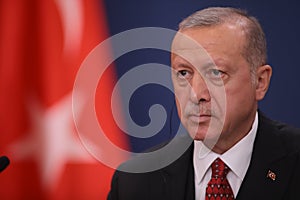SERBIA - 7 October 2019: Turkish President Recep Tayyip Erdogan talk during press conference in Belgrade