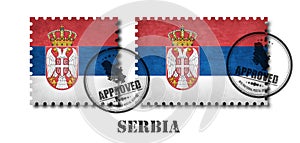 Serbia or serbian flag pattern postage stamp with grunge old scratch texture and affix a seal on isolated background . Black color