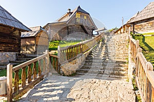 Serbia: stone staircase in a wooden town, Drvengrad Kusturica