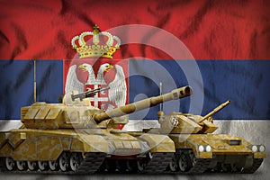 Serbia tank forces concept on the national flag background. 3d Illustration