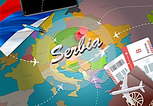 Serbia travel concept map background with planes,tickets. Visit