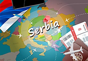 Serbia travel concept map background with planes,tickets. Visit