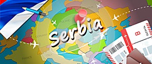 Serbia travel concept map background with planes,tickets. Visit Serbia travel and tourism destination concept. Serbia flag on map