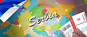 Serbia travel concept map background with planes,tickets. Visit Serbia travel and tourism destination concept. Serbia flag on map