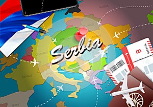 Serbia travel concept map background with planes,tickets. Visit Serbia travel and tourism destination concept. Serbia flag on map