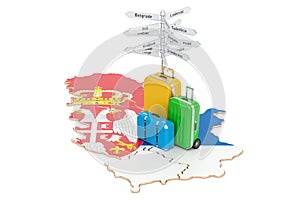 Serbia travel concept. Serbian map with suitcases and signpost,