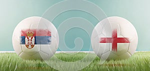 Serbia vs England football match infographic template for Euro 2024 matchday scoreline announcement. Two soccer balls with country