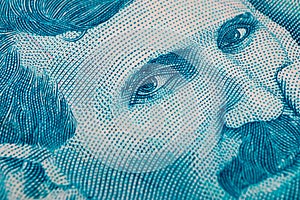 Serbian 100 dinara currency banknote, close up. Serbia money RSD dinar cash, macro view, portrait of scientist Nikola Tesla.