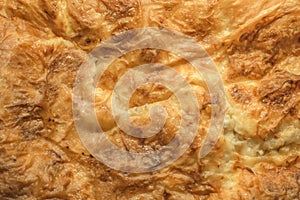 Freshly Oven Baked Serbian Gibanica Crumpled Cheese Pie Golden Crispy Crust Detail