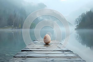 Serenade of Dawn: Easter Egg on Misty Lake Dock. Concept Travel Photography, Sunrise Serenity,