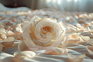 Serenade of Petals: A Solitary Rose Amidst Romance\'s Soft Canvas. Concept Romantic Photoshoot, photo
