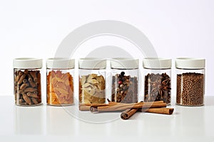 Serenade of Spice: Up-close photo serenading the beauty of various spices in containers on a bright white wooden canvas