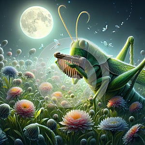 Serenading Grasshopper in Moonlit Field photo