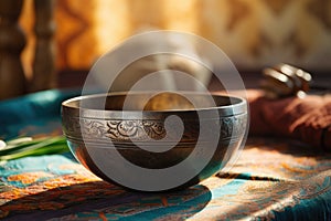 Serenading Sound Sculpture: Witness an auditory sculpture as the Indian singing bowl serenades with therapeutic tones