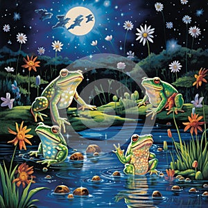 Serendipitous Soiree - Frolicking Frogs in a Moonlit Meadow