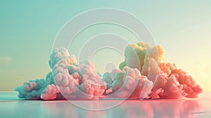 Serene 3D clouds glide in pastel, celestial sky, merging flawlessly, creating a tranquil atmosphere. Abstract 3d