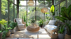Serene 3D sunroom: lush greenery, wicker furniture, floor-to-ceiling windows creating a nature-connected retreat. 3d