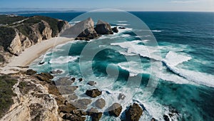 Serene Aerial View Waves Crashing on Rocky Beachscape