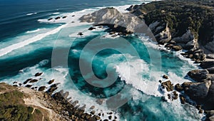 Serene Aerial View Waves Crashing on Rocky Beachscape