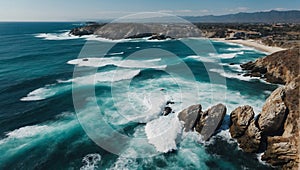 Serene Aerial View Waves Crashing on Rocky Beachscape