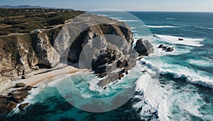 Serene Aerial View Waves Crashing on Rocky Beachscape