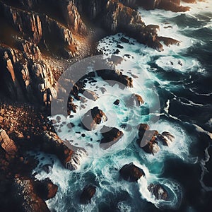 Serene Aerial View Waves Crashing on Rocky Beachscape