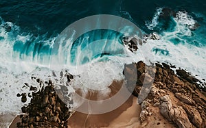 Serene Aerial View Waves Crashing on Rocky Beachscape