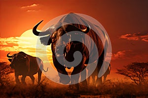 Serene african landscape. majestic buffaloes grazing in the golden savanna at sunset