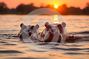 Serene african sunset. magnificent hippos basking in the warm glow of the savannah