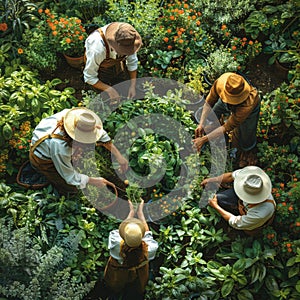 Serene Afternoon Harvest Gardeners Gathering Herbs in Sunlit Green Oasis. Generative AI