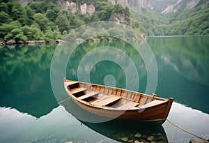 Tranquil Haven: Wooden Boat in Serene Waters Amid Majestic Cliffs and Verdant Greenery photo