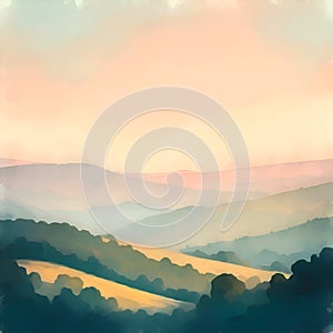 AI-Generated Misty Landscape of Rolling Hills with Forests in Light Colors