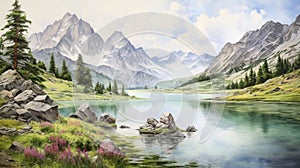 Serene Alpine Landscape Painting: Digital Art With Manga-influenced Details