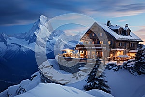 Serene Alpine Winter Hut Amidst Breathtaking Scenery. AI
